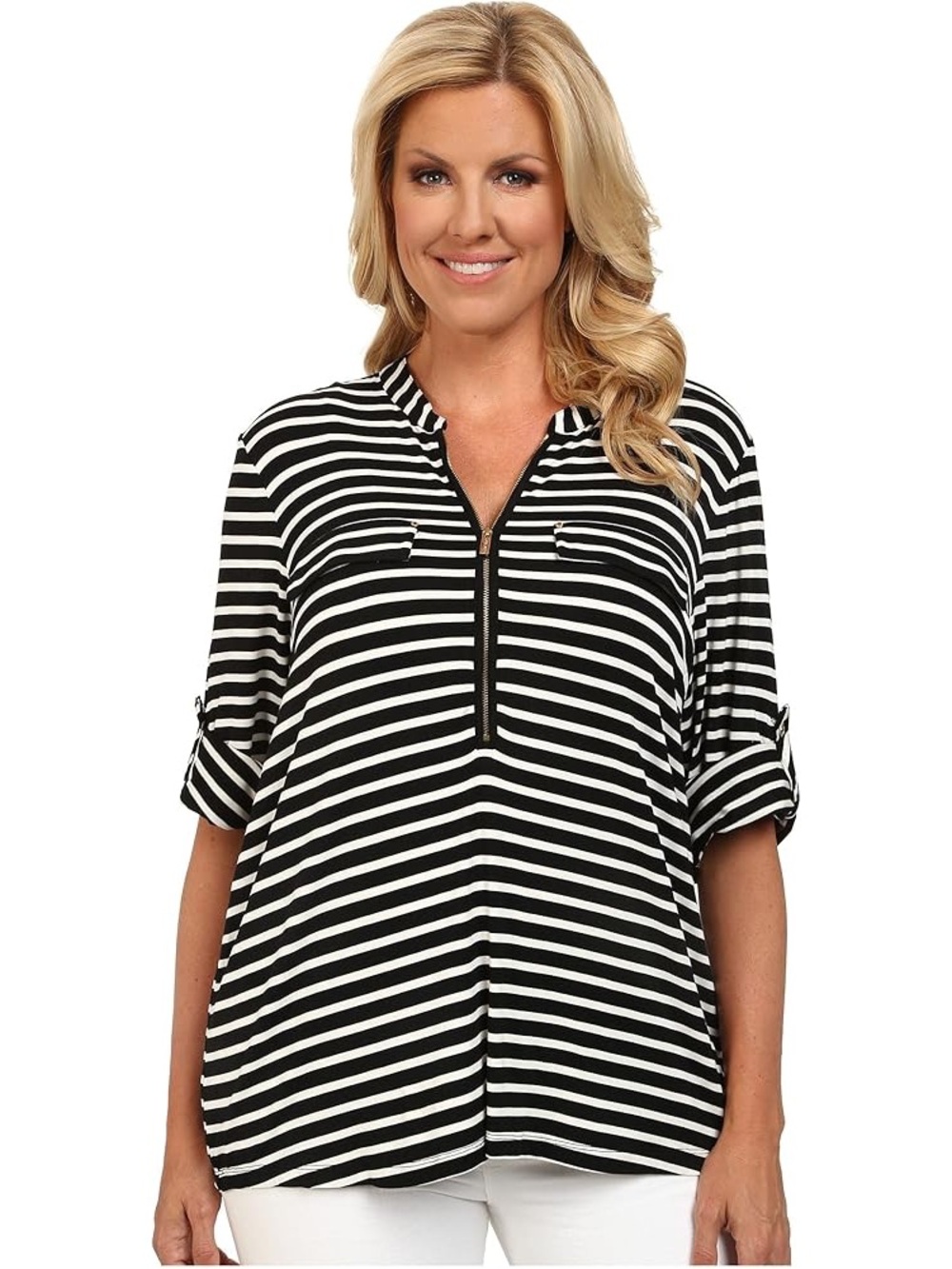 Calvin Klein Black and White Striped Zip-Front Top Large